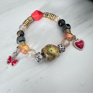Red and Gold Charm Bracelet with Heart and Butterfly Accents Handmade OOAK Glass